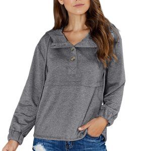 Gray Button Collar Drawstring Hoodie